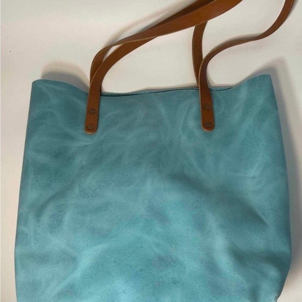 KMM & Co. Handbag Carryall Tote Satchel Light Blue Distressed Leather Purse - Picture 2 of 8